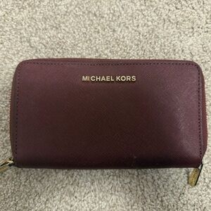 Michael Kors Wine Saffiano Zip Wallet with Gold Logo
